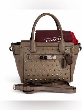 COACH Olive/Taupe Studded Leather Satchel with Removable Strap